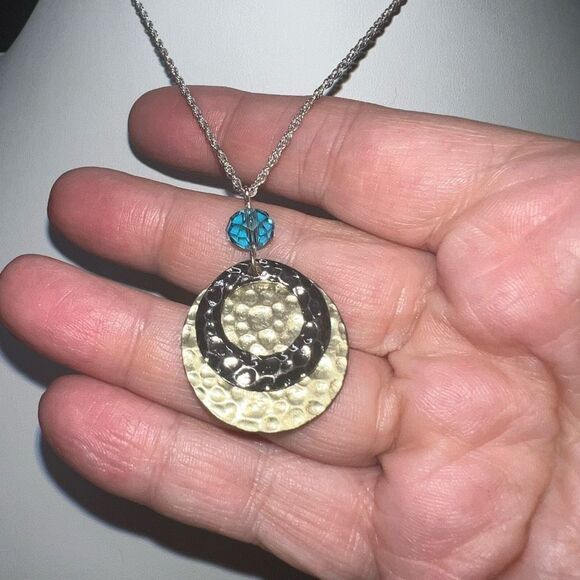 Silver and Gold Tone Hammered Disc Bead Charm Necklace - Picture 4 of 7